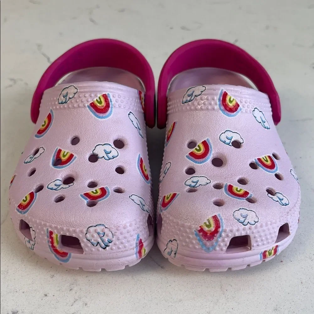 CROCS Kids Light Pink Clogs with Rainbow & Cloud Design Size 7